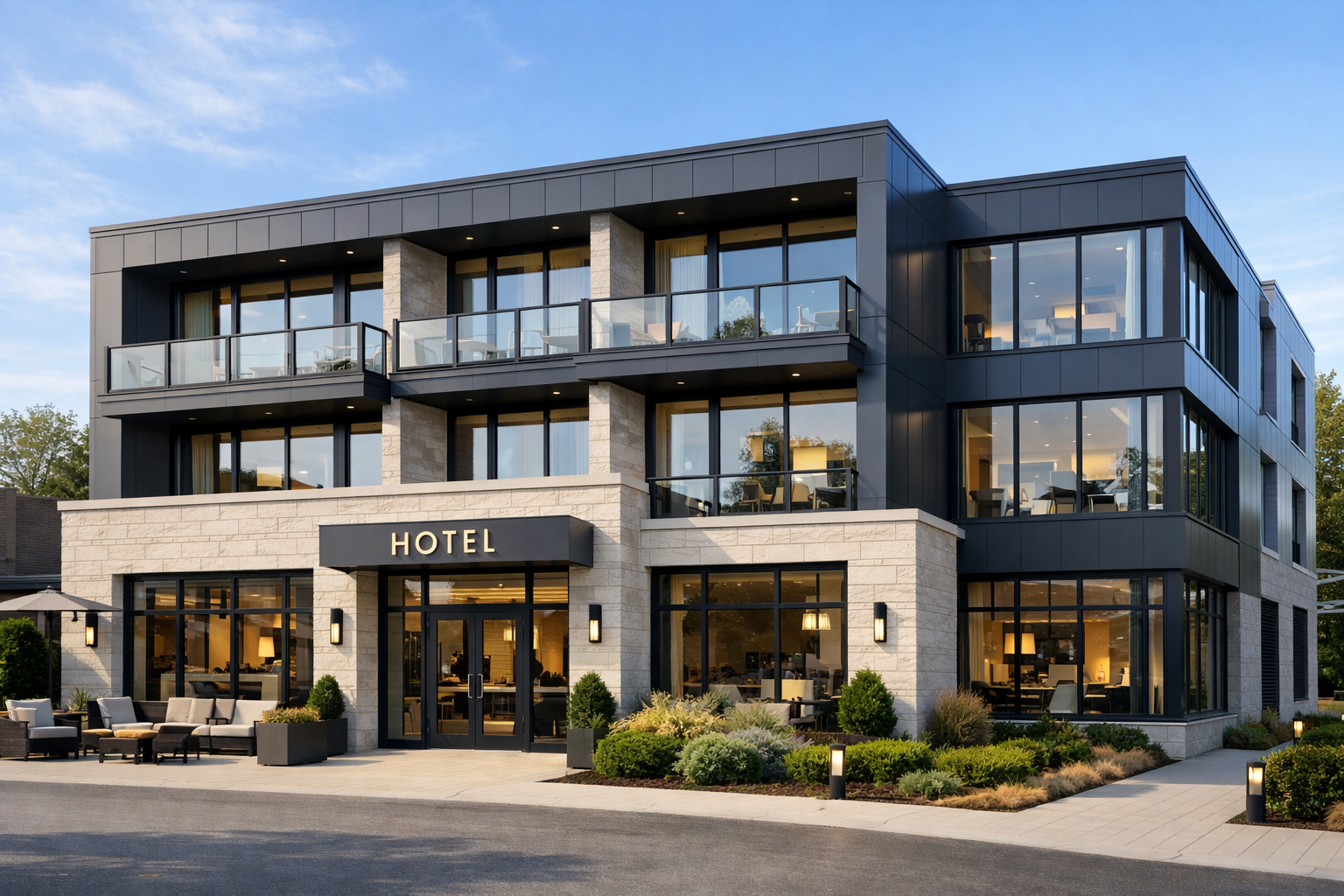 Contemporary commercial architecture with large Marvin glazing systems