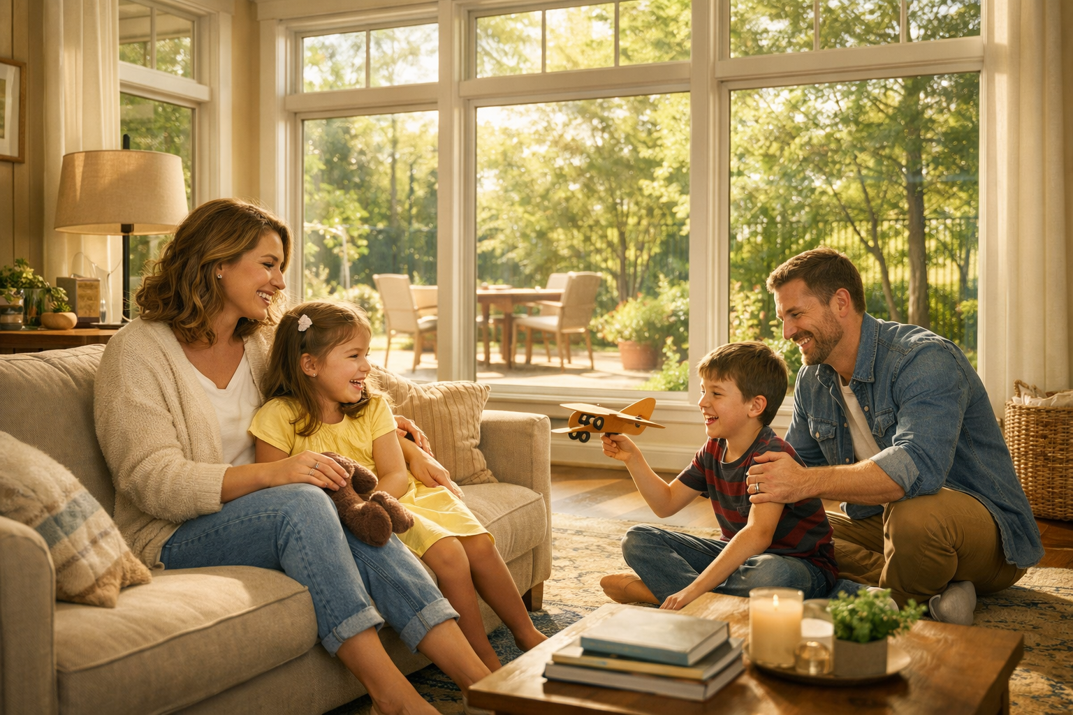 Family enjoying a bright modern home interior